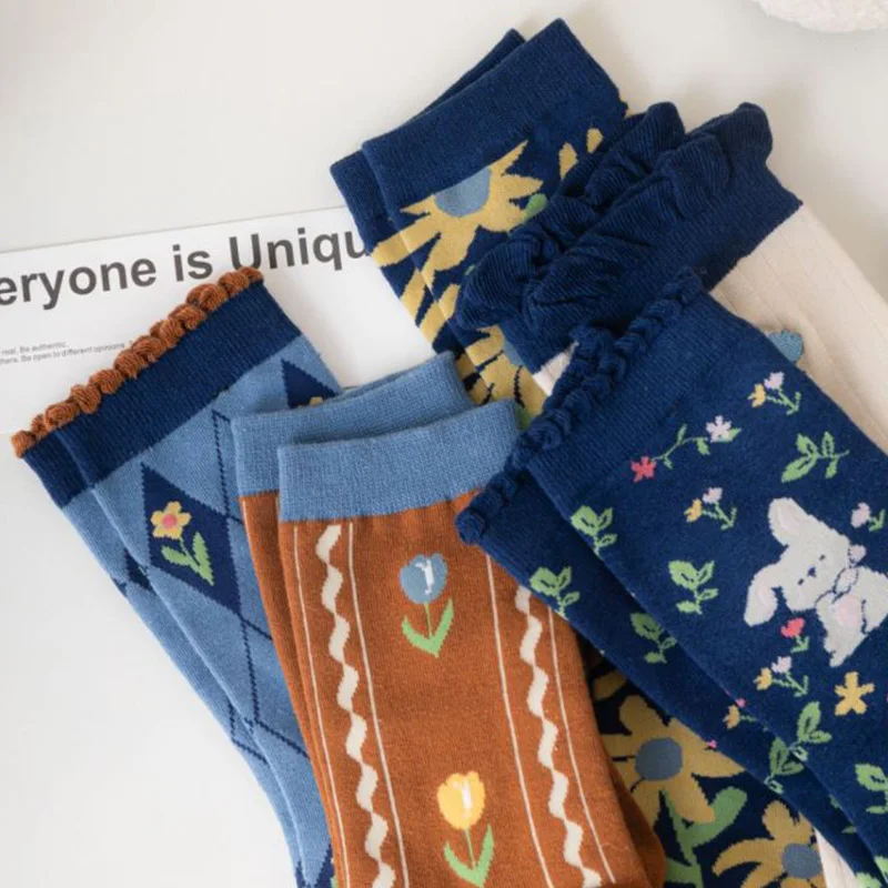5 Pairs Middle Tube Cotton Socks Women Fashion Animal Print Kawaii Socks Long Autumn Winter Cycling Designer Brand Foot Warmers