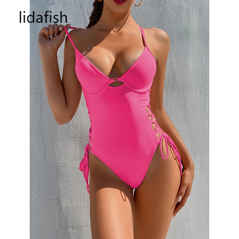 

lidafish Sexy V-neck Women One Piece Swimsuit Solid Push Up Thong Bathing Suit Criss Cross Monokini Brazilian Swimwear