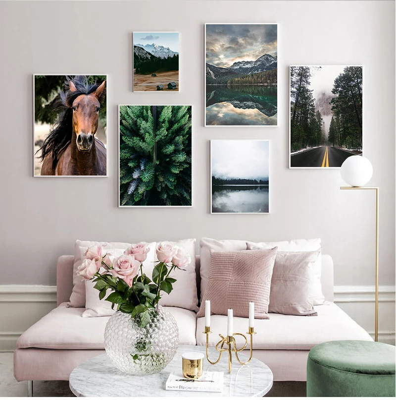 

Nordic Posters Nature Landscape Canvas Painting Mountain Wall Art Horse Forest and Prints Pictures for Living Room Home Decor