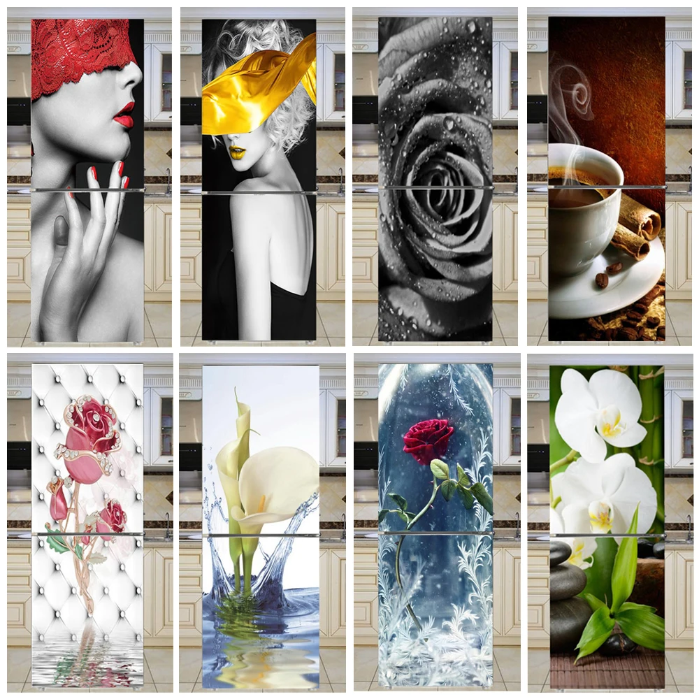 

Наклейки для холодильника в виде Розы, крышка двери холодильника, 3D обои, самоклеящиеся, амулет для леди в морозильной камере, виниловая пле...