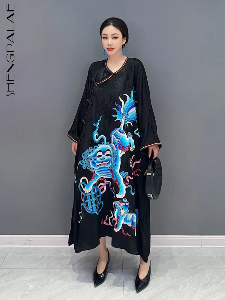 

SHENGPALAE Fashion Printed Dress For Women O Neck Batwing Sleeve Dial Buckle Chinese Style Loose Vestido Summer 2023 New 5R4246