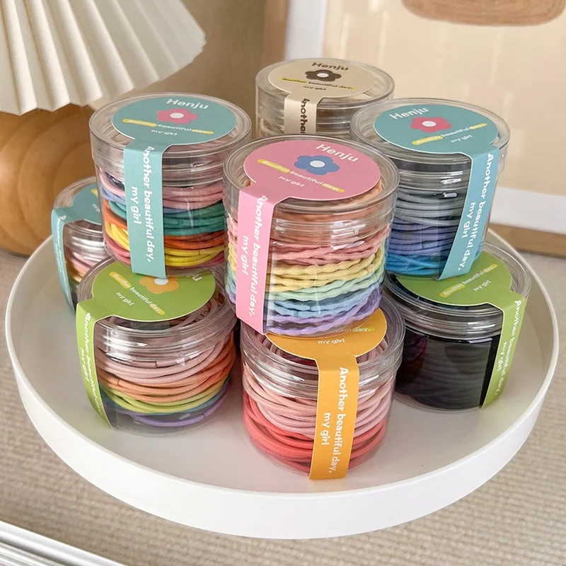 

48pcs/Set Canned for Woman Girl Candy Color Basis High Elastic Rubber Band Head Rope Child Cute Hair Ties Hair Accessories Gifts