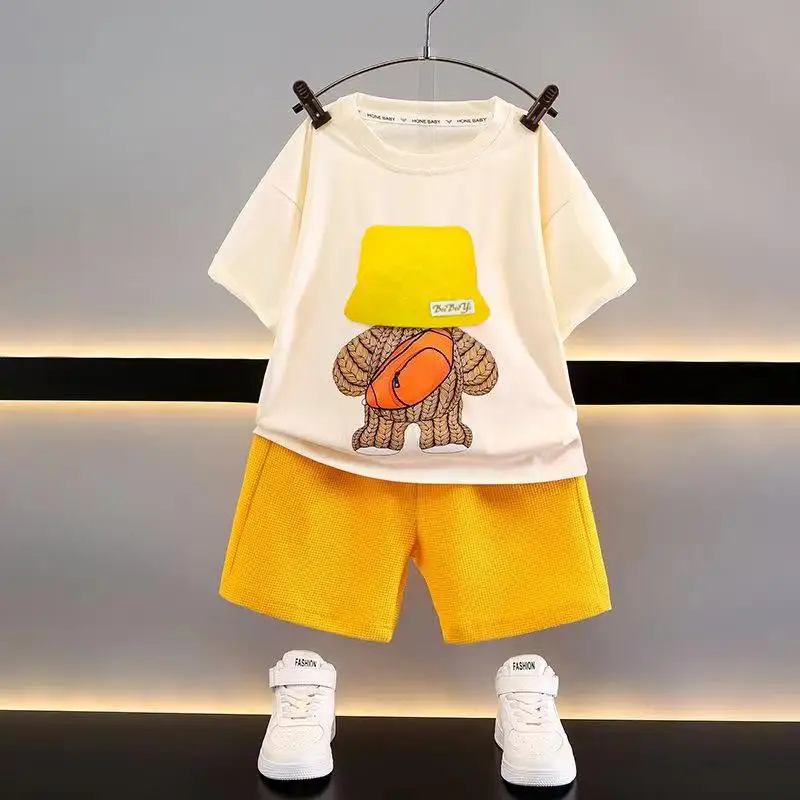 

Baby Girl Boy Clothes Summer Children Bear Print Top and Bottom Set Short Sleeve Tshirts Shorts Suit Kids Tracksuits Loungewea