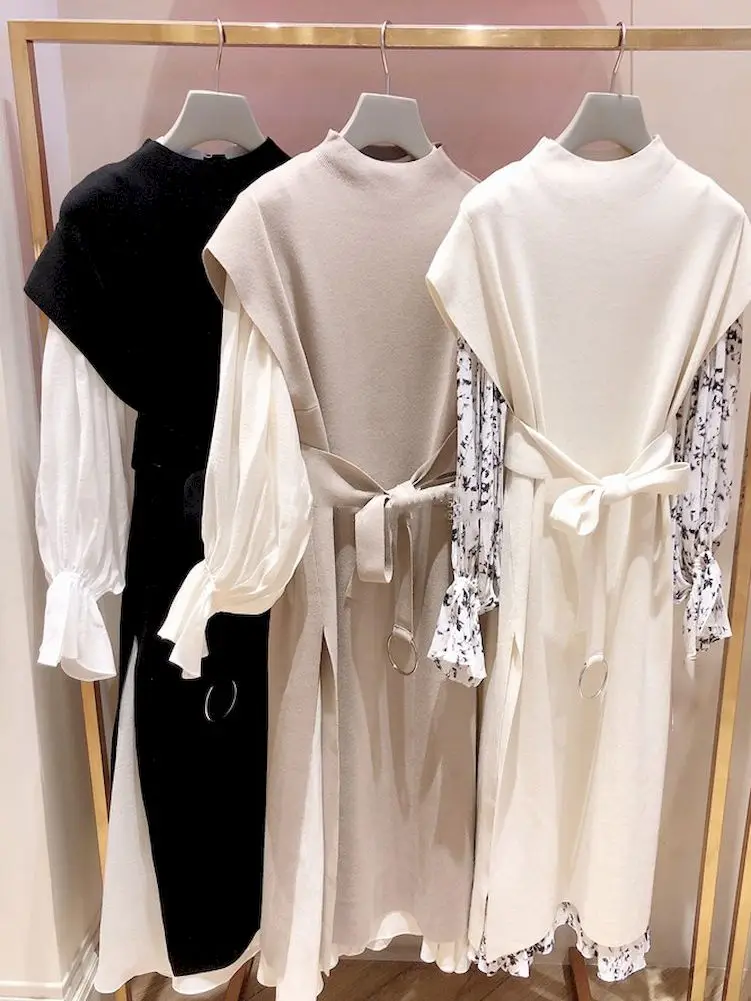 

Setup Ladies Spring Solid Sleeveless Knitted Vest Dress Suits Elegant Midi Dresses Set Spring Korean Style Women Jupes