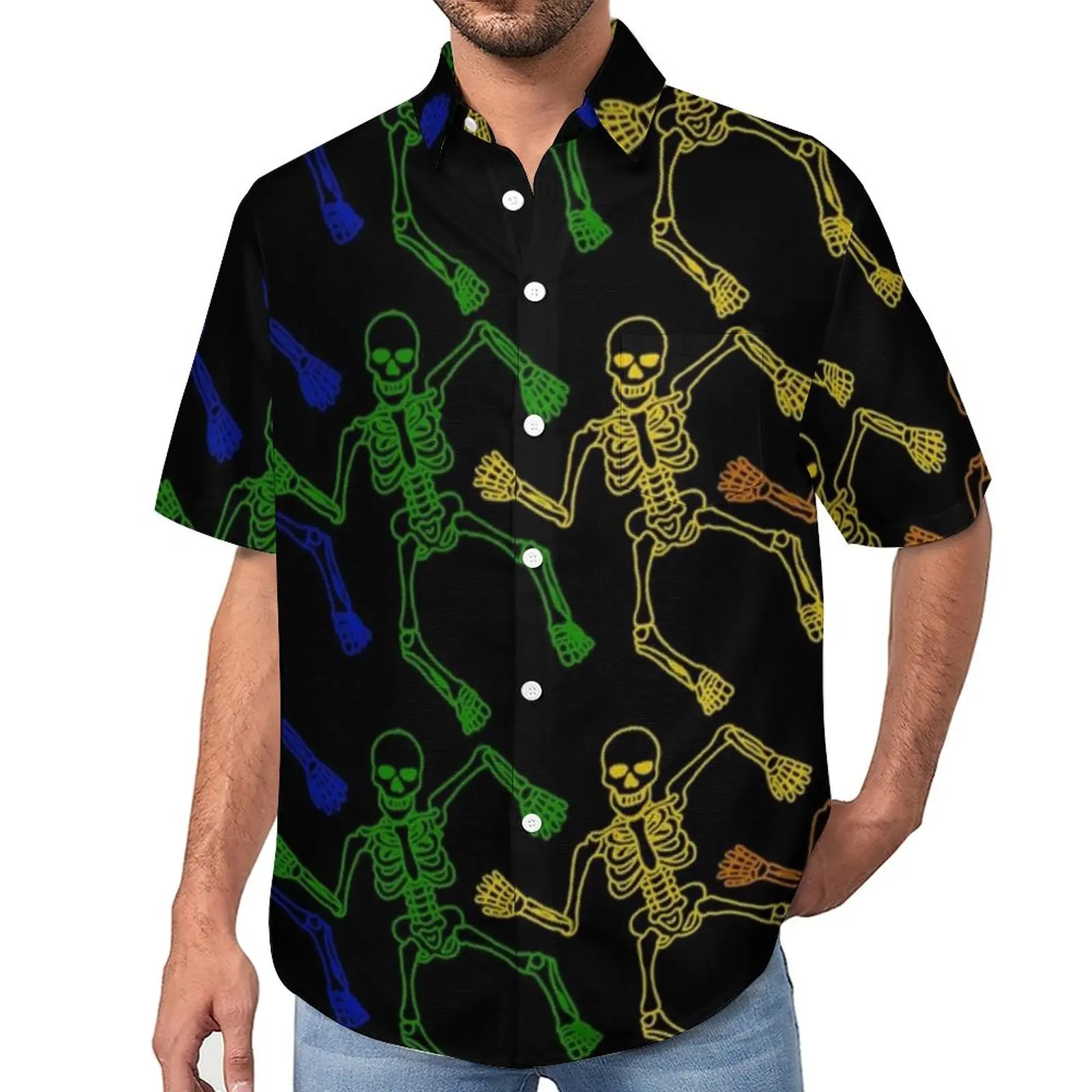 

Skeleton Print Blouses Male Funny Halloween Casual Shirts Hawaiian Short Sleeve Graphic Oversize Vacation Shirt Birthday Present