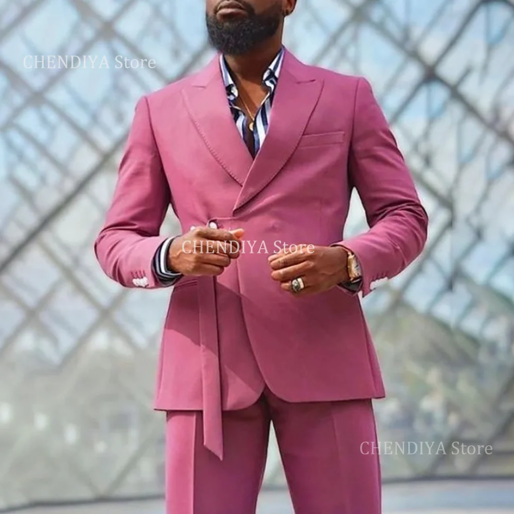 Новое поступление розовые костюмы для мужчин приталенный крой комплект из двух