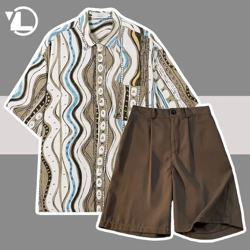 

Retro Cargo Sets Men Summer Geometric Printed Shirts+Casual Loose Shorts 2 Pcs Set Unisex Hip Hop Streetwear Half Sleeve Suits