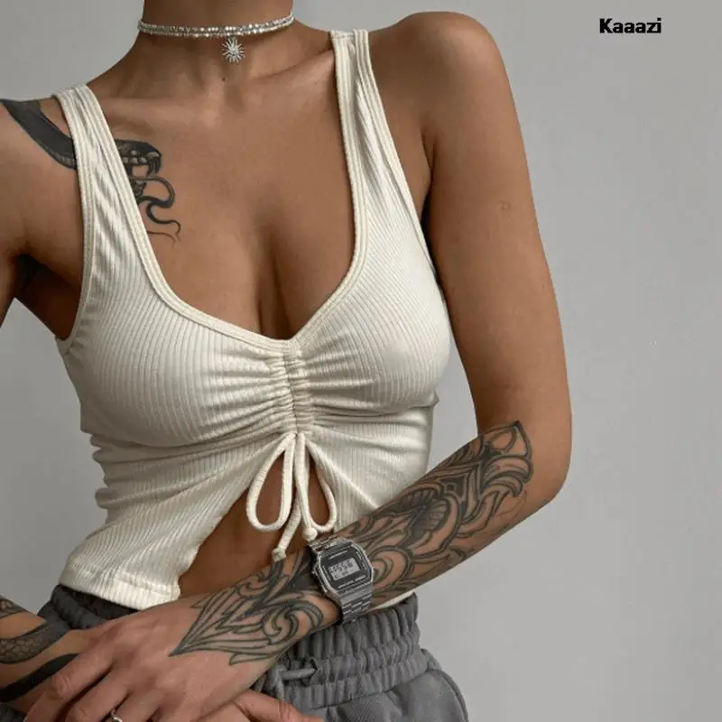 

KAAAZI Solid Summer Tank Tops For Women Fashion Ribbed Knit Drawstring Ruched Sexy Sleeveless Crop Tops Slit Vest Casual Basic