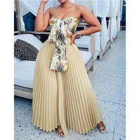 womens suit sleeveless printed chest wrap off shoulder blouse loose long pleated skirt two piece set sexy fashion 2022 new