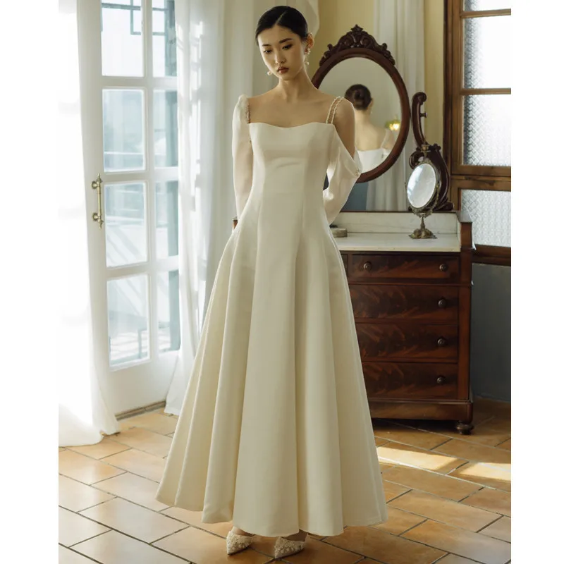 

Beading Spaghetti Straps Bride Dress New Simple Long Wedding Dresses With Full Sleeves Elegant A Line Satin Vestidos De Novia