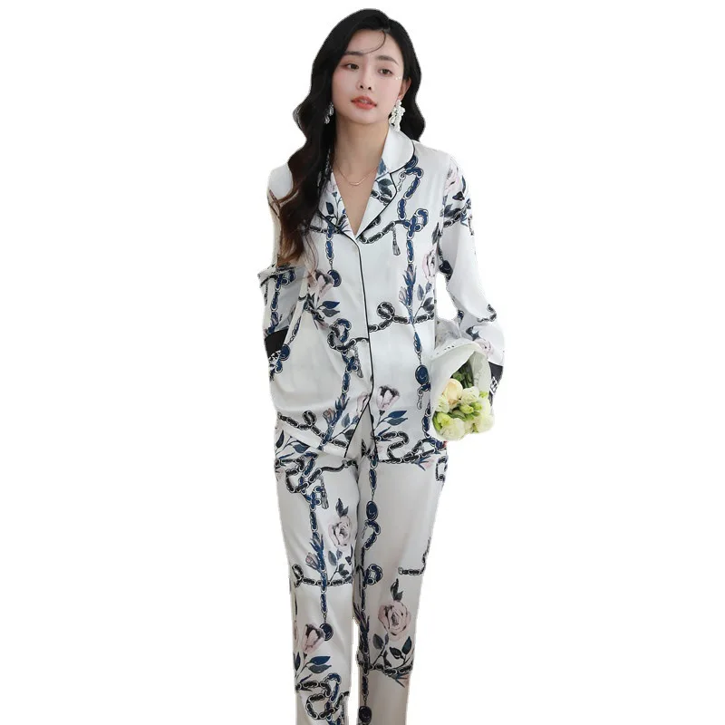 New Ice Silk Pajamas Women's Elegant Chain Rose Print Long Sleeve woman pijama set  pijamad de mujer  sleep wear