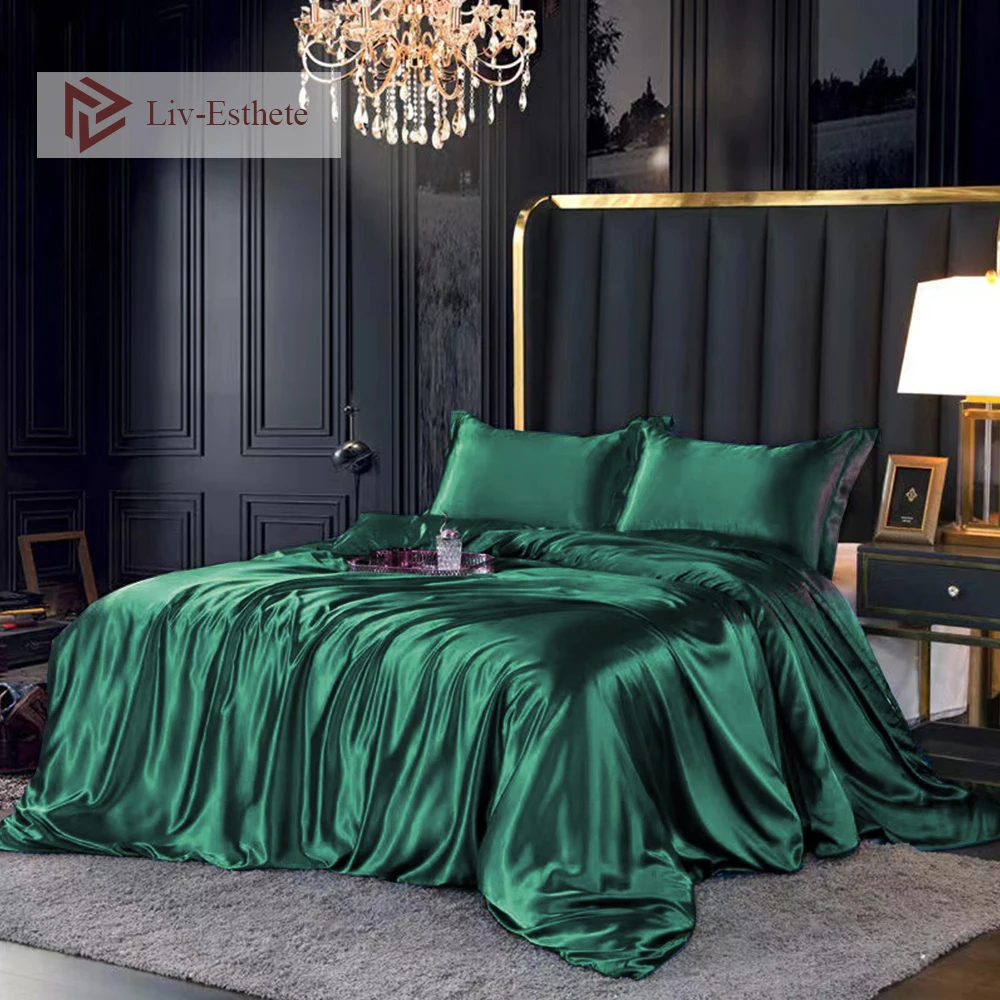 

Liv-Esthete 2022 Luxury Green Bedding Set Bedding Kit Rayon Satin Duvet Cover Set Twin Queen King Size Bed Set 2pcs/3pcs/4pcs
