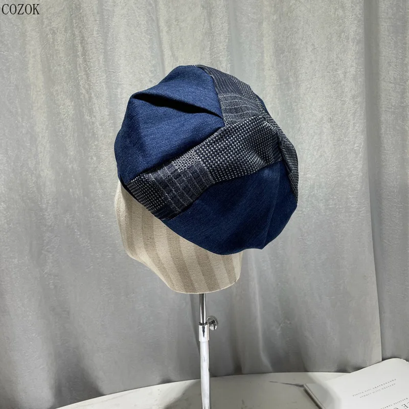 

Spring And Autumn Fashion Denim Stitching Beret Outdoor Travel Casual Wild Painter Pumpkin Hat Small Face Cap Summer Gorra Touca