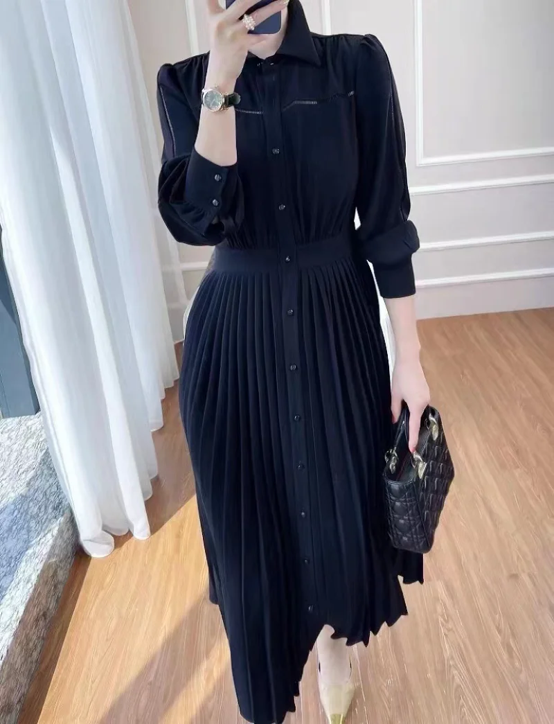 Acetate French Dress Female 2023 Spring New Temperament Commuter Pleated Dress for Women