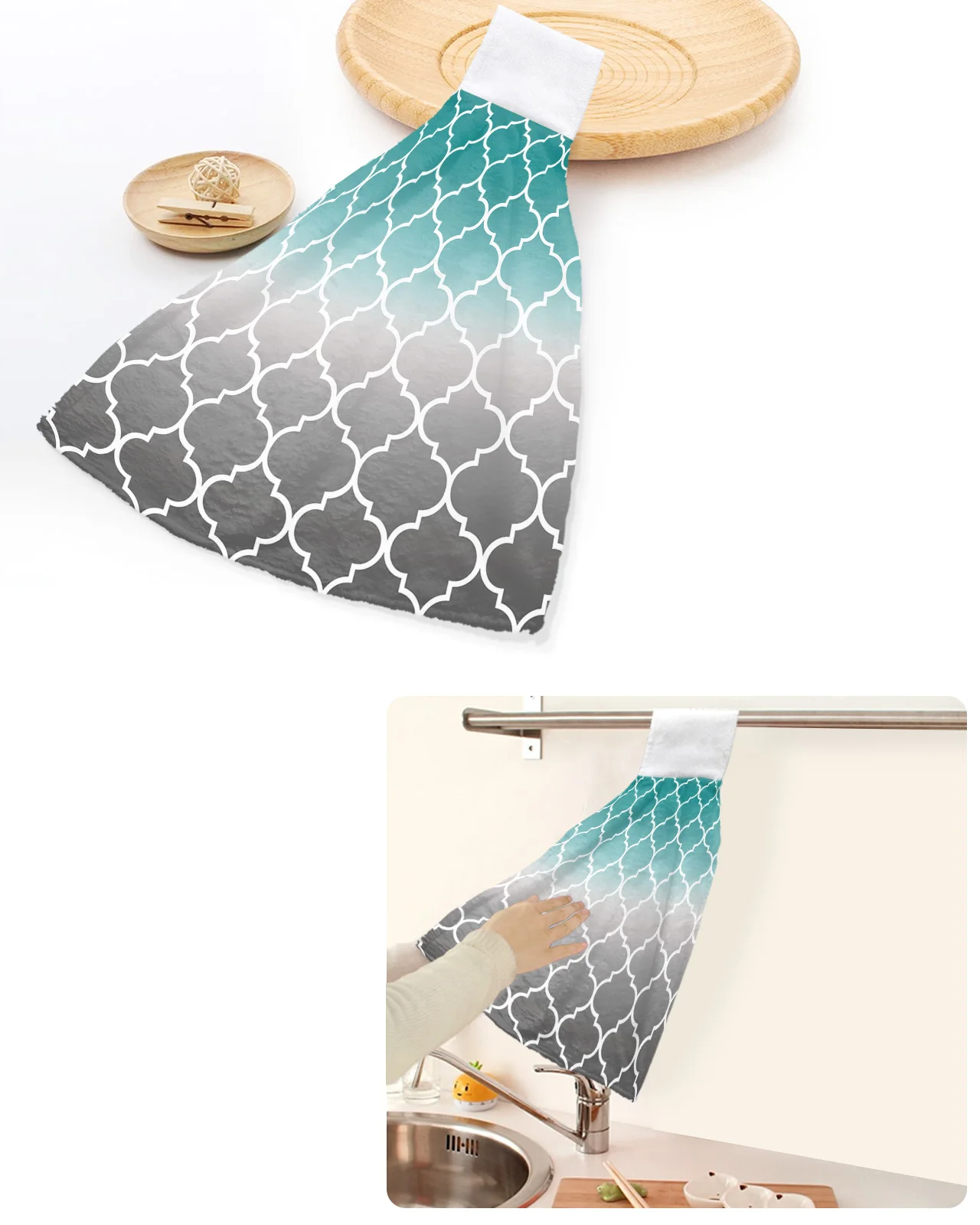 

Moroccan Turquoise Gray Gradient Hand Towels Home Kitchen Bathroom Hanging Dishcloths Loops Soft Absorbent Custom Wipe Towel