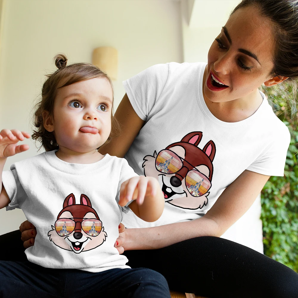 

Parents Kids Clothes Disney Chip 'n' Dale Wearing Sunglasses Pattern Top Summer Outdoor White Soft Fabric Short Sleeves Newborn