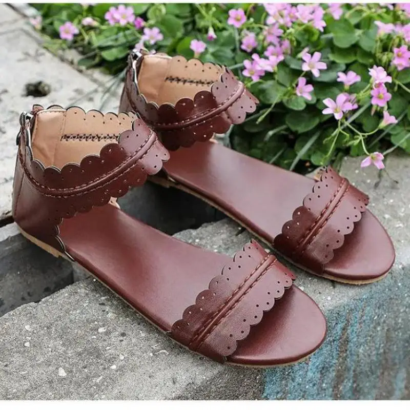 Women's Sandals Retro Flat Sandals Women's Summer Shoes 2022 New Ladies Open Toe Beach Shoes Women's Zipper Casual Sandals 42 43