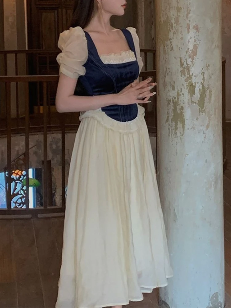 

2023 Summer Elegant Vintage Midi Dress Women Casual Evening Party Formal Dresses Women Short Sleeve Long Dress Korean Fashion