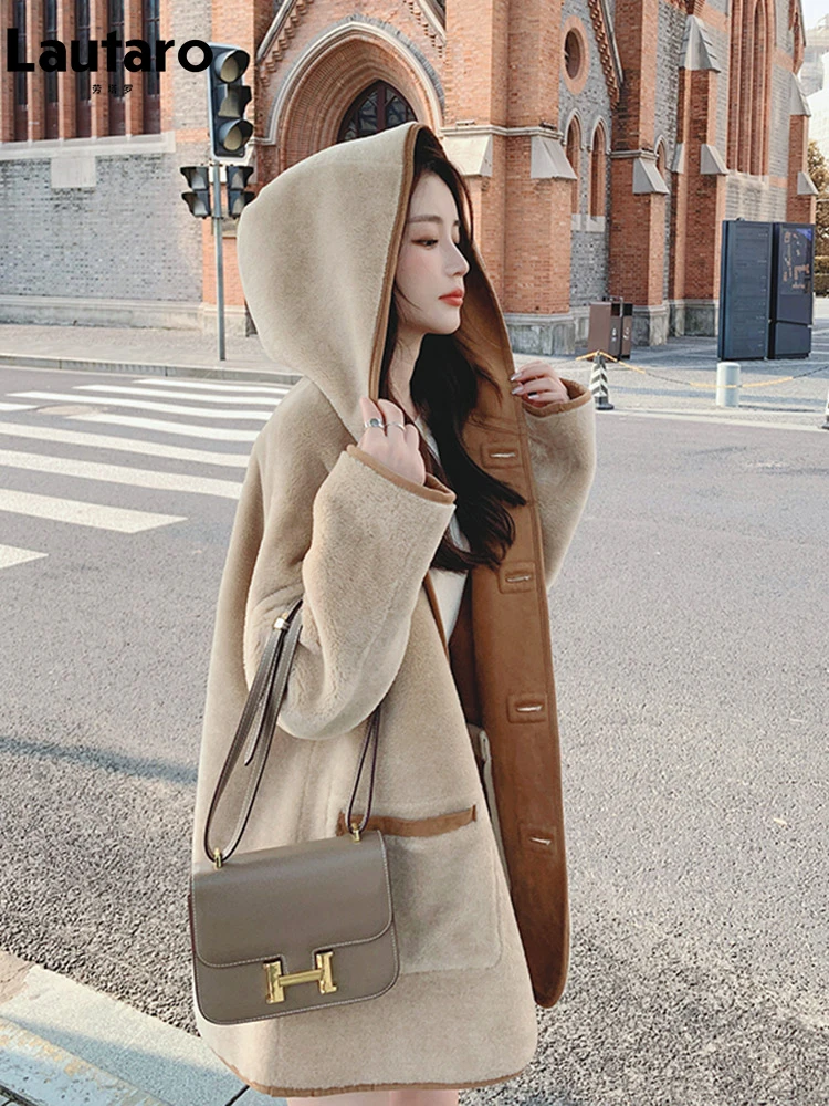 

Lautaro Winter Loose Casual Thick Warm Reversible Faux Sheepskin Coat Women with Hood Luxury Designer Clothes Fluffy Jacket 2023