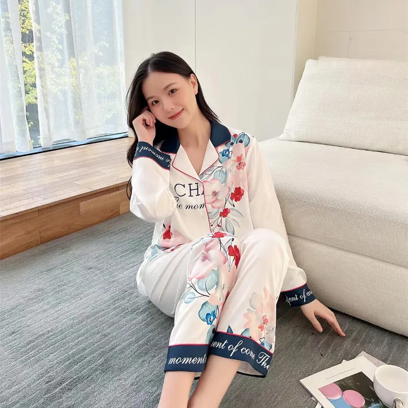 2023 New Women's Spring Pajamas Suit Women's Thin Ice Silk Home Wear Long-Sleeved Trousers