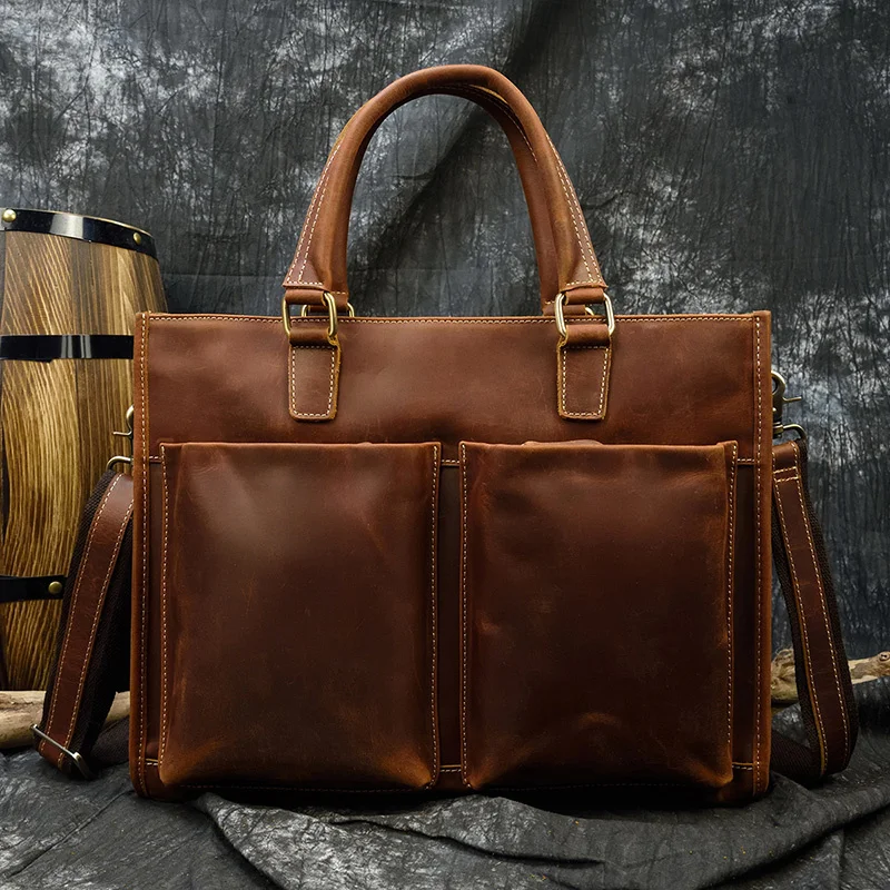 Newsbirds Leather Handbag Men 100% Cow Skin Briefcase With Shoulder Strap Laptop Handbag With 2 Front Pockets New Designer Bag