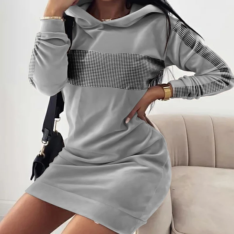 

New Long-sleeved Solid Color Straight Dress with Hooded Collar Women's Sweater All-match Mini Skirt Casual Fashion Sweater Dress