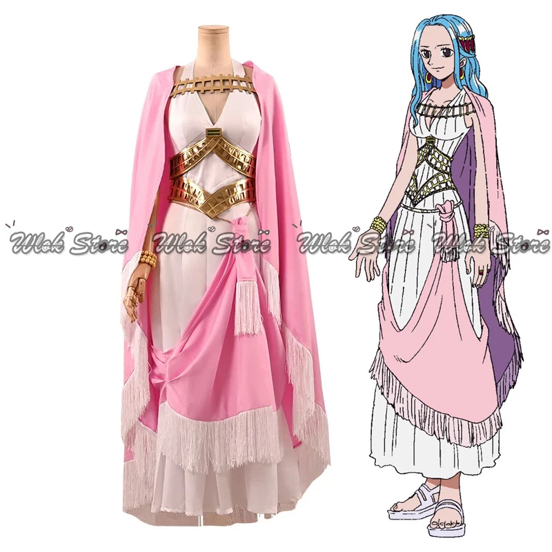 Anime One Piece Cosplay Nefeltari Vivi Princess Elegant Dresses Pink Cloak Halloween Role Play Costumes Wig Long Blue Hair Props