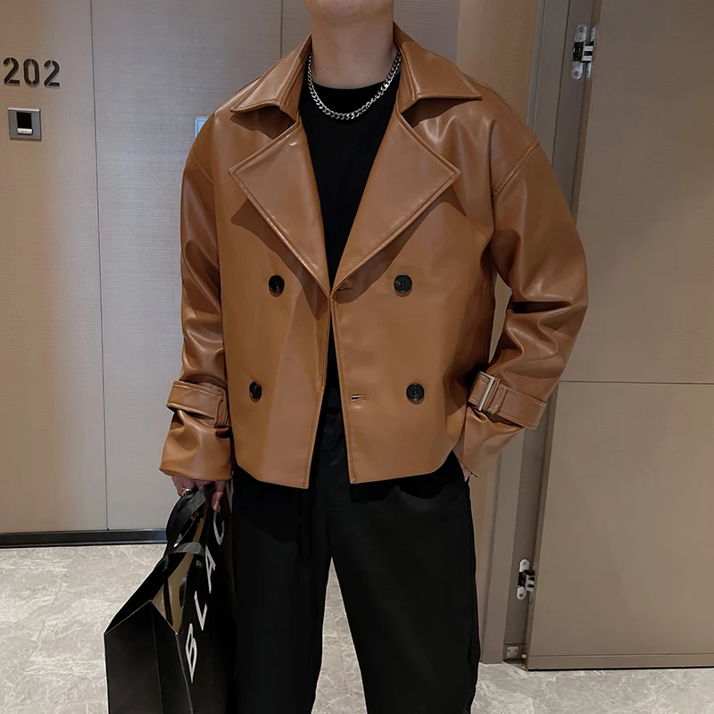 Men Vintage Loose Business Casual Leather Windbreaker Double-breasted Leather Short Jacket Men's Korean Streetwear Leather Coat
