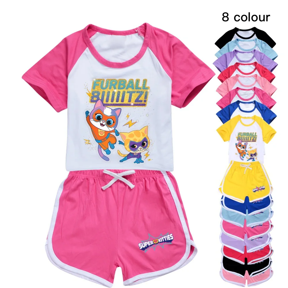 

New Summer Super Kitties Polyester T-shirt Shorts Casual Children Clothing Baby Boys Girls Teenage Tops For Kids Pajamas Suit