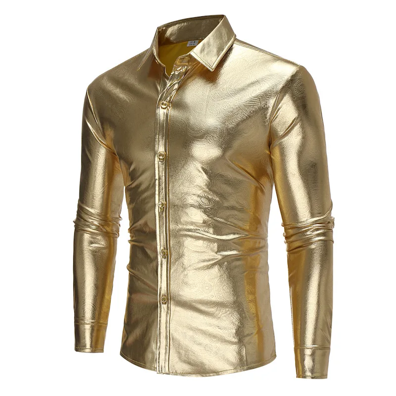 

Рубашка мужская блестящая металлическая Золотая Пейсли, стильная Классическая рубашка для танцев, ночных клубов, вечеринок, выпускного веч...
