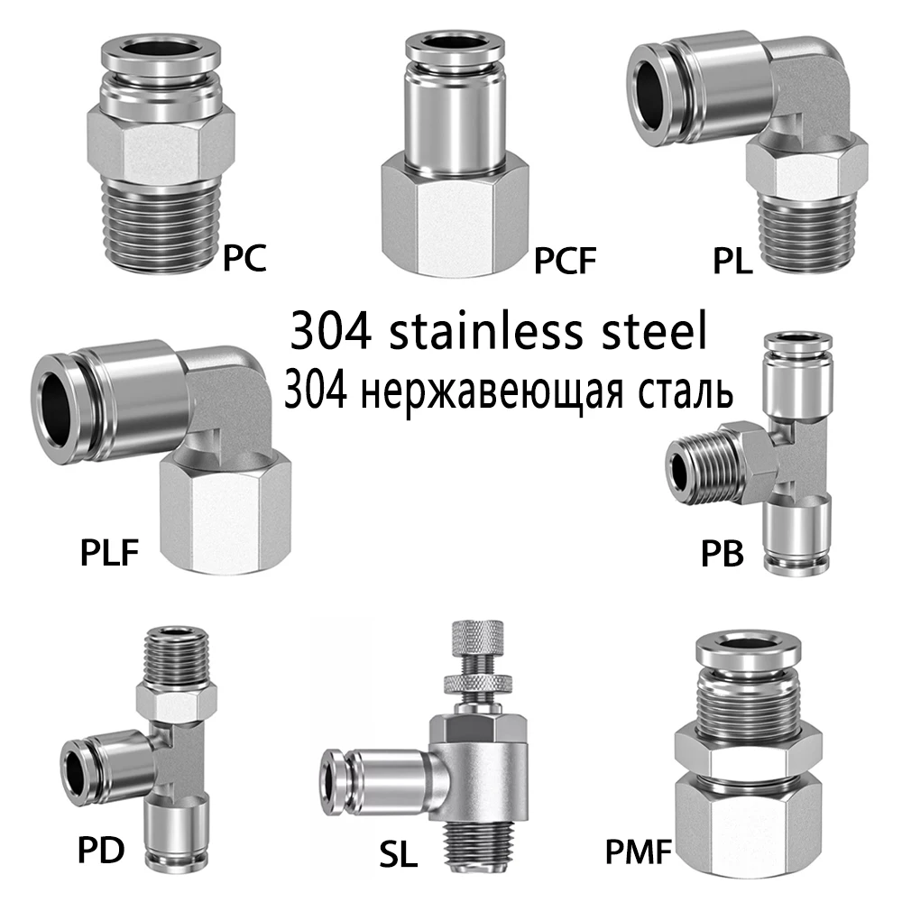 

304 Stainless Steel Pneumatic Quick Connector PC PCF PL PLF PB PD SL PMF Air Pipe 4 6 8 10 12mm Thread BSPT M5 1/8 1/4 3/8 1/2“