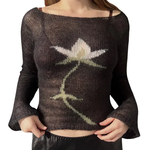 Casual 90s Harajuku Female Clothes Y2K Long Sleeve Sweaters Women Knitwear Fashion Tops Cute Vintage Fit Pullover Sheer Sweaters