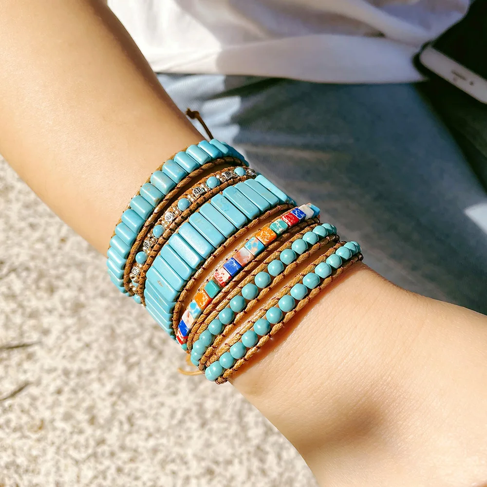 

TAUAM Green Turquoises Beaded Bracelet Bohemian Bracelets for Women Braided Handmade Jewelry Multilayer Wrap Strands Femme