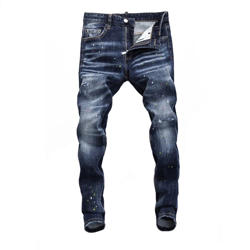 Street Fashion Men Jeans High Quality Retro Blue Elastic Stretch Skinny Ripped Jeans Men Painted Designer Hip Hop Brand Pants