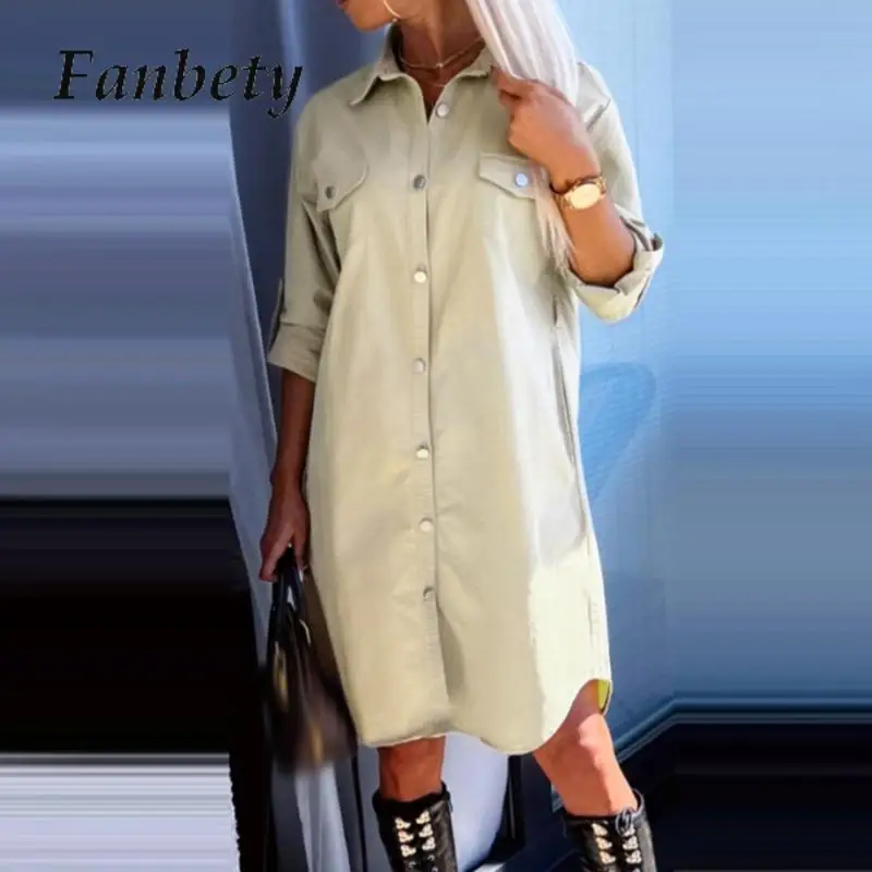 

Autumn Adjustable Long Sleeve Slim Commuter Dresses Women Solid Pockets Button Party Dress Casual Turn Down Collar Female Dress