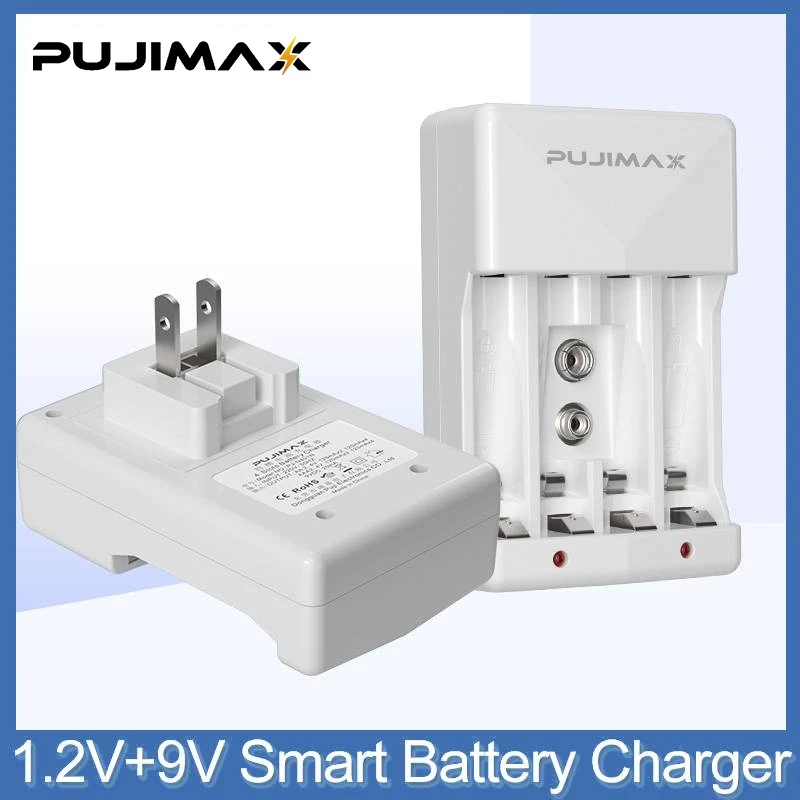 

PUJIMAX 4-Slot 1.2V AA/AAA Rechargeable Battery Charger Portable Wall Charger Adapter Suitable for 9V Ni-MH/Li-ion Batteries