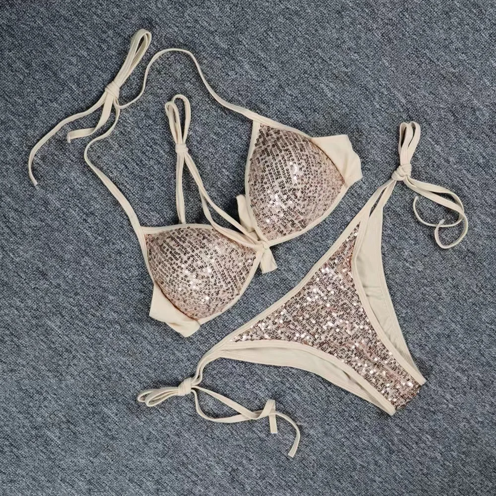 Sexy Swimwear 2022 Bikinis Gold Sequins Swimming Suit For Women Solid Swimsuit Padded Push-Up Beachwear Bikini Two Piece Set |