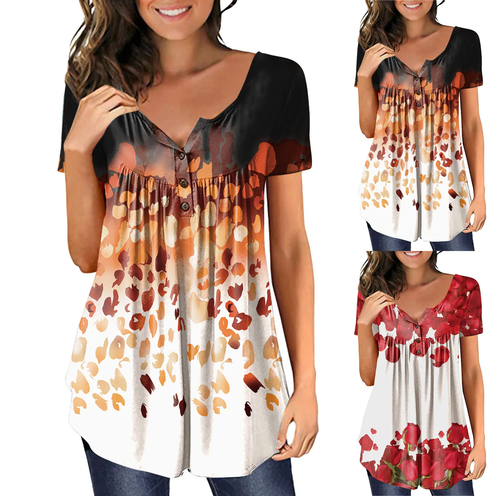 

Женская модная свободная футболка с круглым вырезом и пуговицами, плиссированная Повседневная футболка с принтом, модная Ретро-футболка в ...