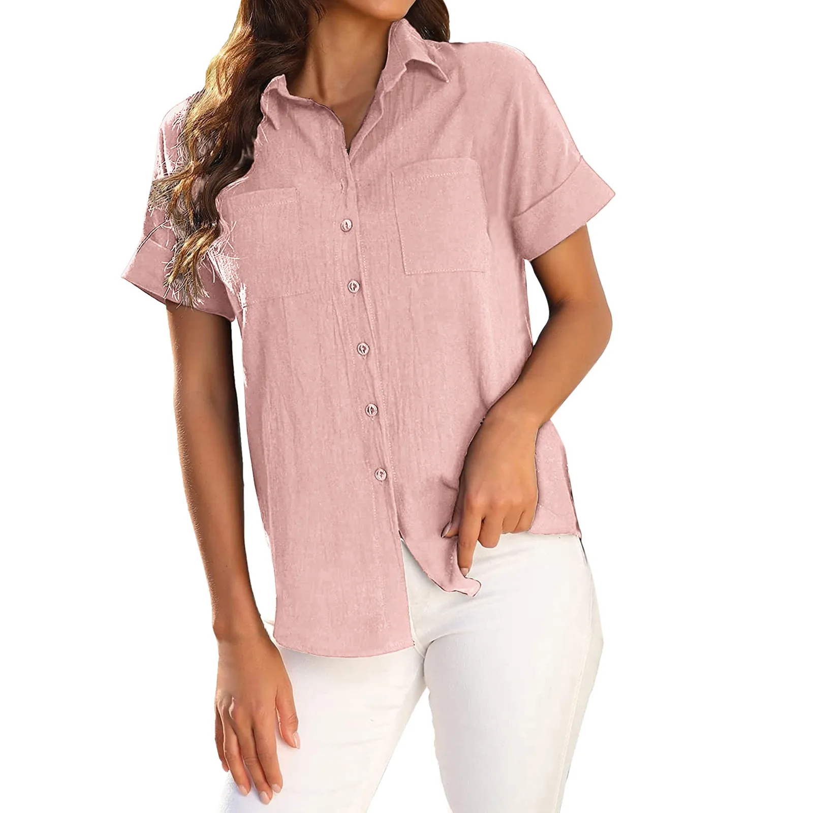 

Рубашка женская с коротким рукавом, однотонная льняная блузка на пуговицах, элегантная Базовая сорочка оверсайз с отложным воротником, лет...