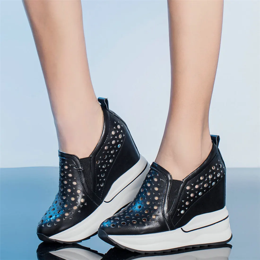 12cm High Heels Platform Shoes Women Hollow Genuine Leather Wedges Pumps Female Summer Round Toe Fashion Sneakers Casual Shoes