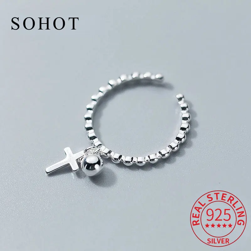 

Fashion 925 Sterling Silver Corss and Bead Pendant Adjustable Ring For Elegant Women Party Fine Jewelry Trendy Accessories