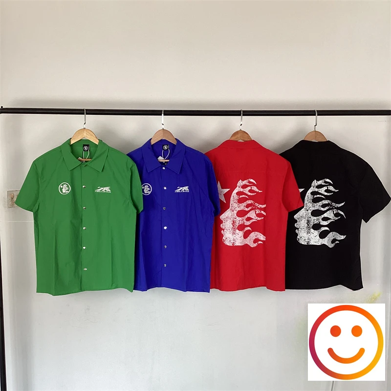 

Рубашки из тонкой ткани Hellstar с коротким рукавом для мужчин и женщин, лето 2024, высококачественные повседневные рубашки черного, красного, зеленого, синего цветов, одежда