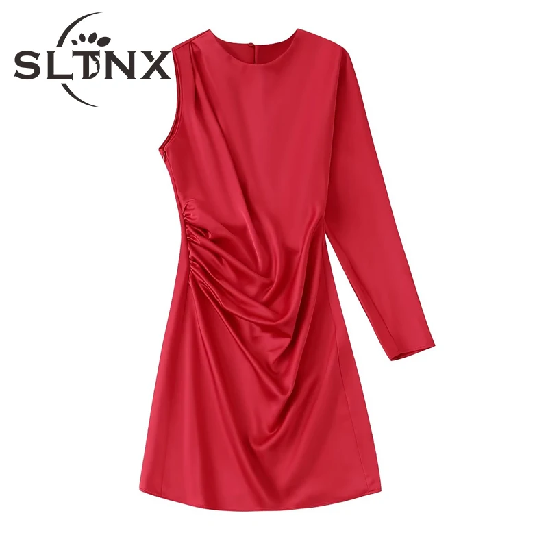 

SLTNX Women Fashion 2022 Summer Dresses Female Solid Dissymmetry with Folds Sexy Dress Ladies O-Neck Long Sleeve Dressses