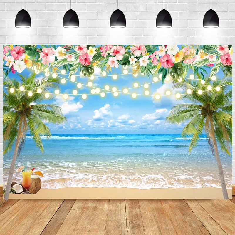 

Summer Aloha Hawaii Backdrop Beach Swim Birthday Party Seaside Tropical Coconut Tree Photography Background Banner Photo Decor