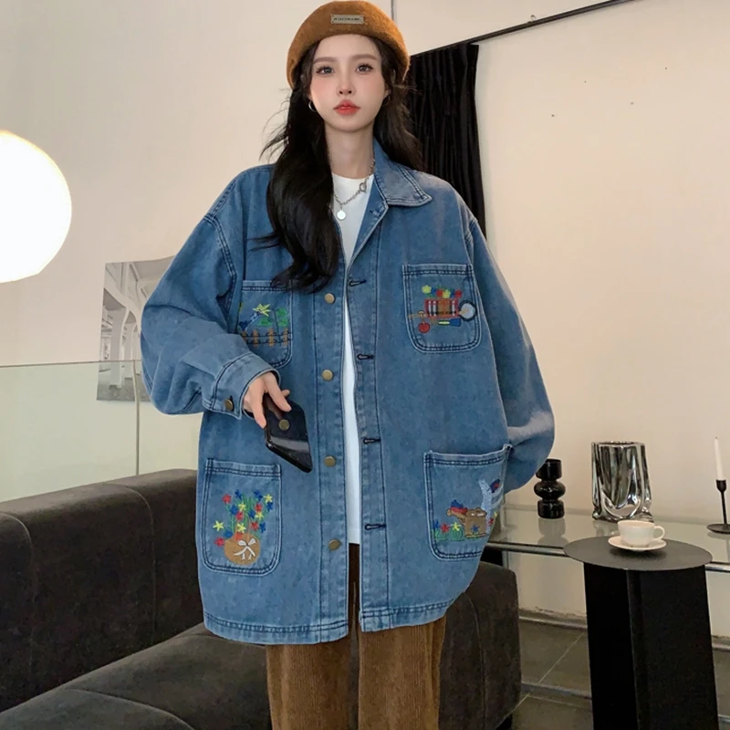 

2022 Women's Jacket Autumn New Fashion Retro High Street Flower Embroidery Design Sense Denim Free Shipping
