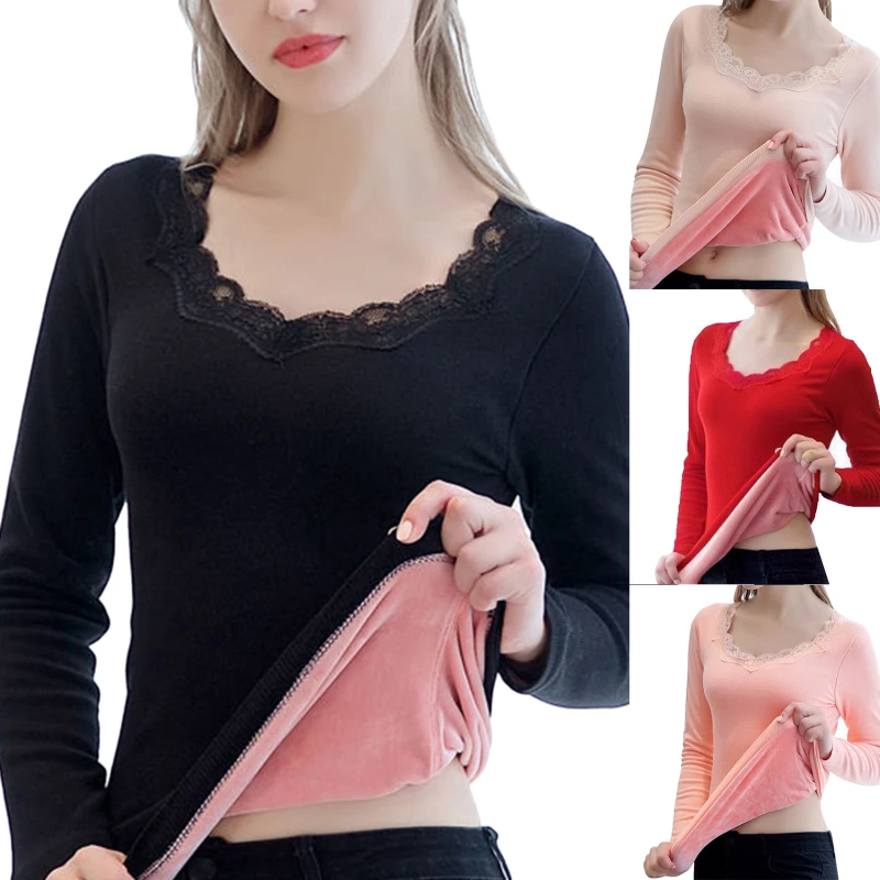 Winter Women's Thermal Underwear Top Fashion Slim Bodycare Sexy Lace Collar Fleece Lace Woman Winter Clothing Warm Pullover Top