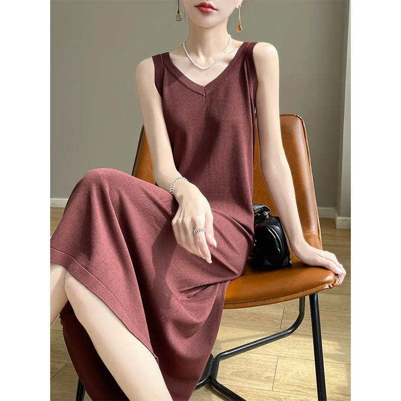 Вязаные платья на бретелях летнее женское вязаное длинное платье без рукавов