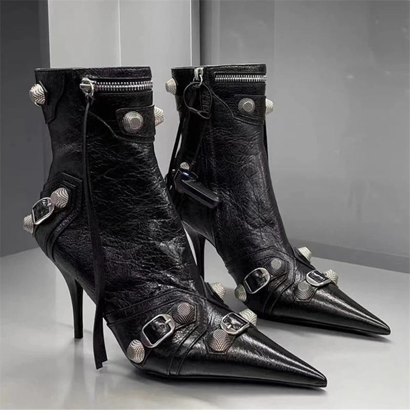 

Sexy Pointed Toe Women Ankle Boots Tassels Rivets Short Booties High Heel Dress Shoes Woman Black Botas Mujer Women Pumps