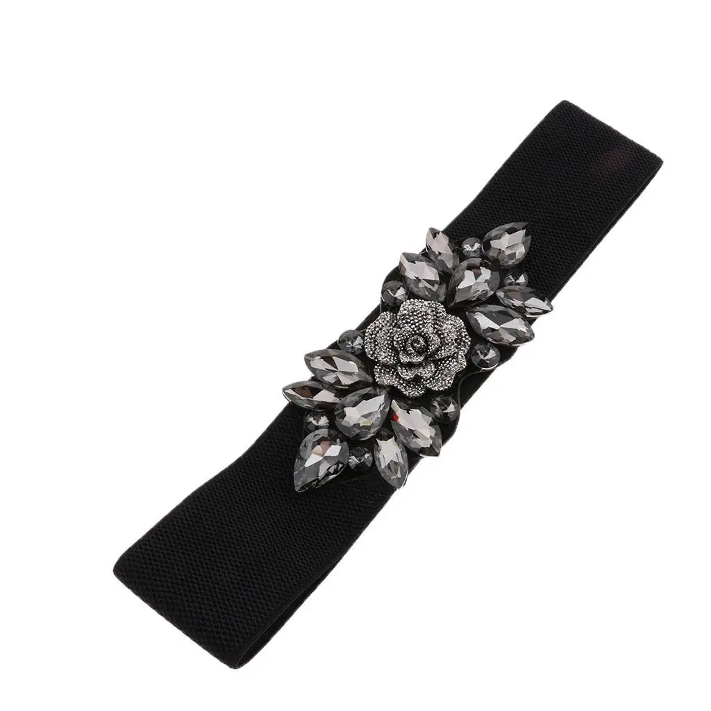 

Women Elastic Flower Rhinestone Waist Belt with Metal Snap Buttons