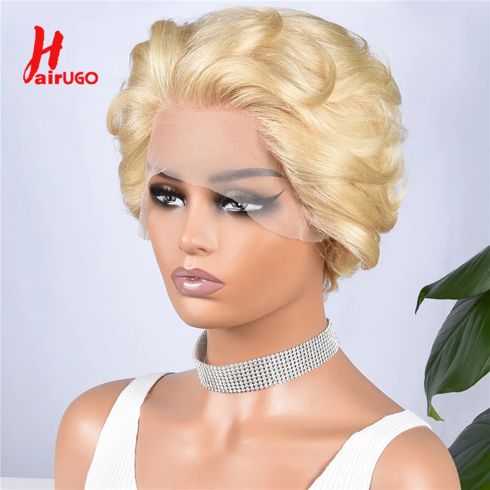 HairUGo Blonde Pixie Cut Wigs 13x4 Lace Front Wig Remy Brazilian Blonde Human Hair Wigs Pre Plucked Transparent Lace